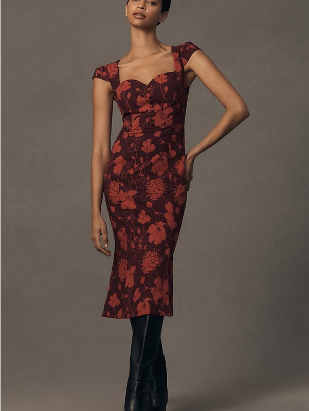 Anthropologie Floral Sweetheart Midi Dress in Deep Burgundy and Rust